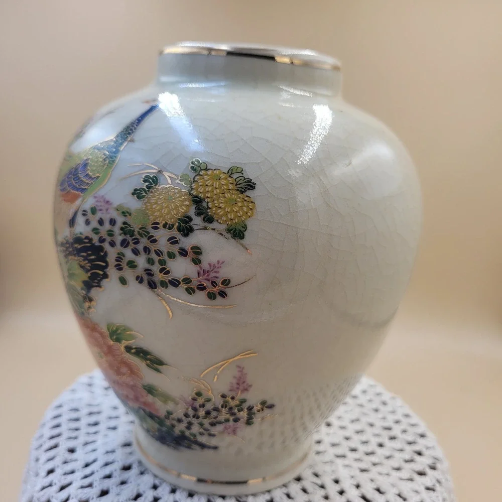Japanese Satsuma Peacock Crackle Vase Floral Gold Gilt Hand Painted 6 Inch